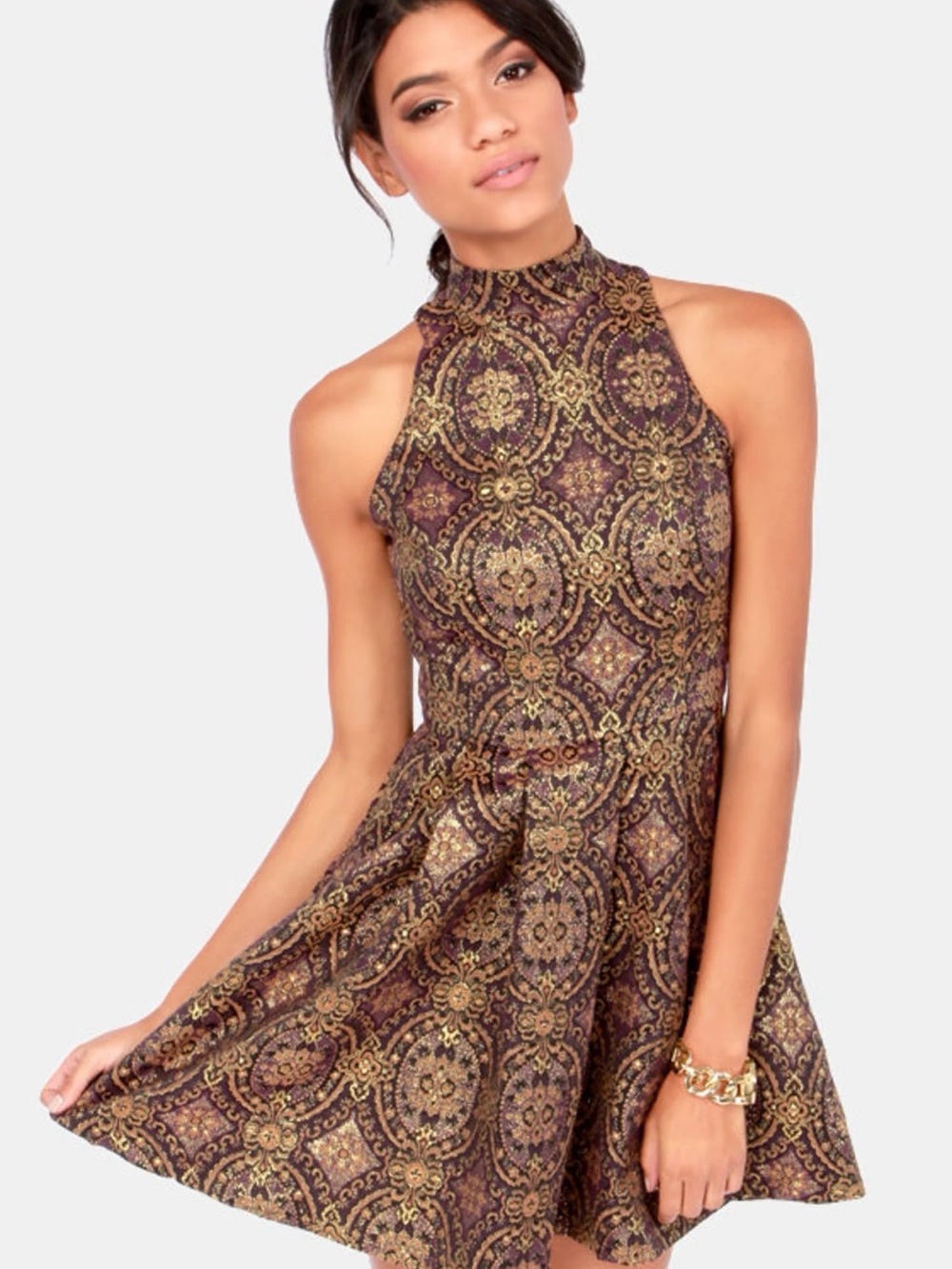 BB Dakota Barker Gold and Purple Brocade Dress